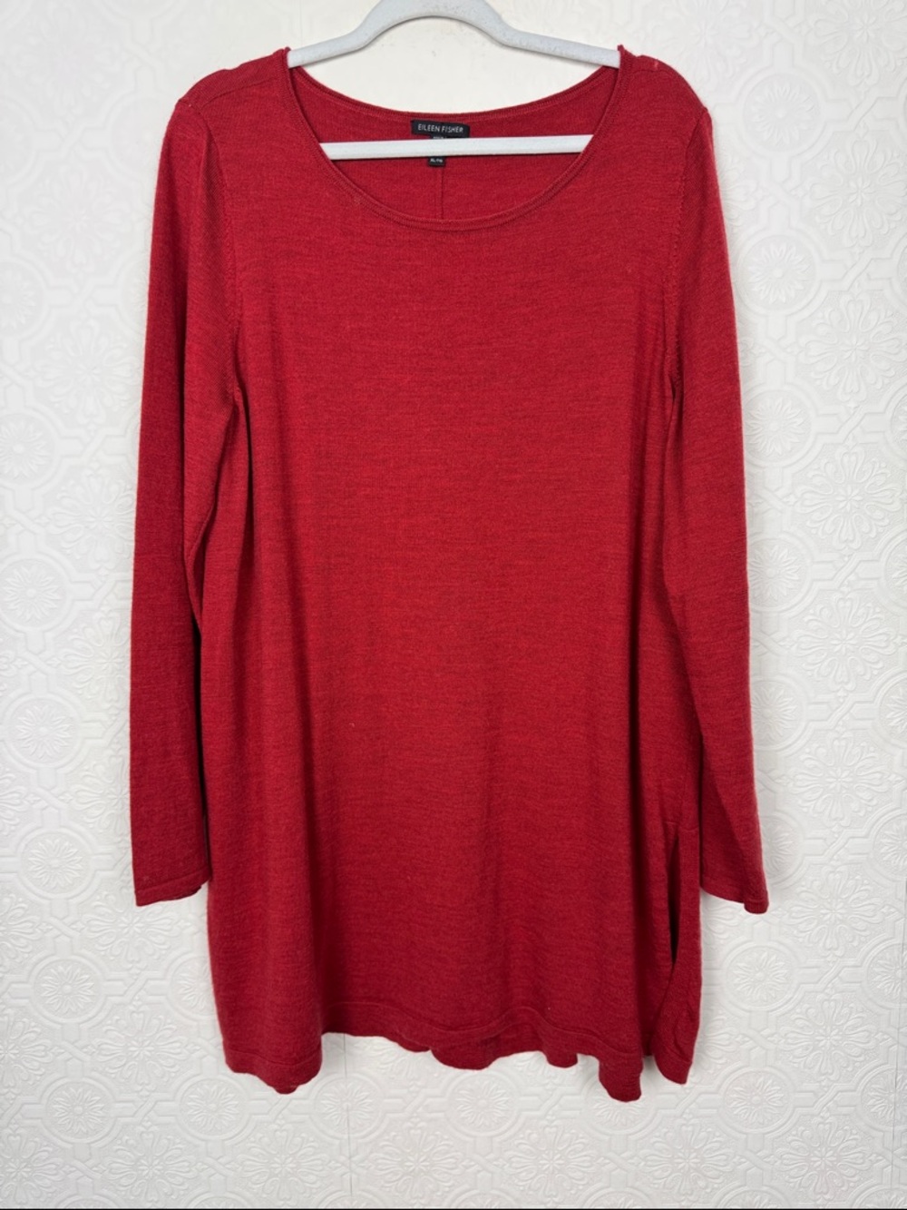 Eileen Fisher Merino Wool Tunic Sweater Red Long Sleeve Scoop Neck Size XL